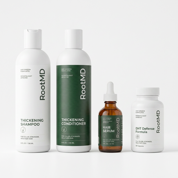 Four RootMD haircare products arranged on a light gray background: a white bottle of Thickening Shampoo, a white bottle with a dark green label of Thickening Conditioner, an amber dropper bottle of Hair Serum, and a white bottle of DHT Defense Formula.