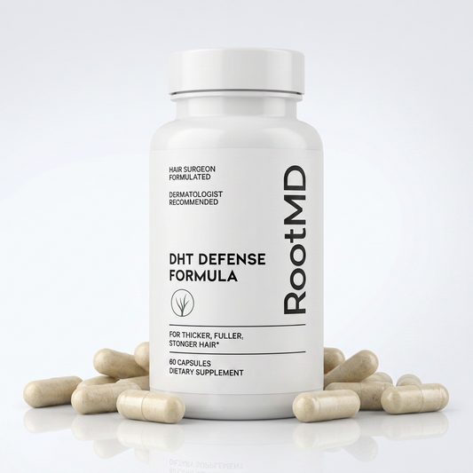 A white bottle of RootMD DHT Defense Formula dietary supplement capsules, surrounded by scattered beige capsules on a clean white background.
