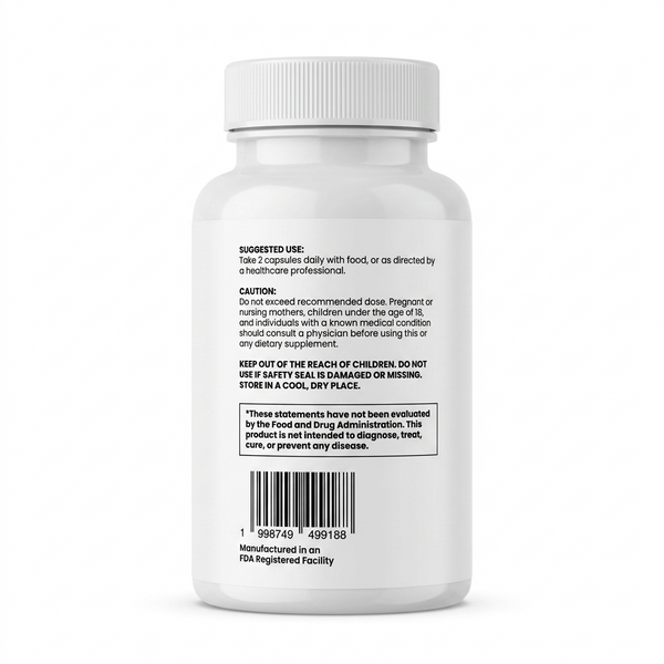 A white plastic bottle of dietary supplement capsules shown from the back, featuring a white ribbed cap and a printed label with usage instructions, a warning, a barcode, and a FDA registered facility statement.