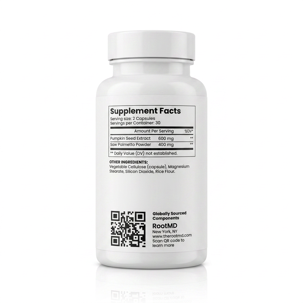 A white plastic bottle of RootMD supplement capsules with a white cap, showing the Supplement Facts label on a clean white background.