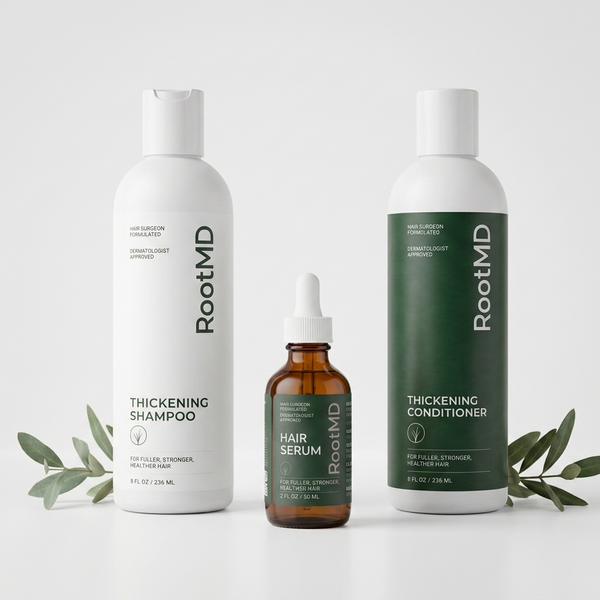 Three RootMD haircare products on a light gray background: a large white bottle of Thickening Shampoo, a small amber dropper bottle of Hair Serum, and a large white bottle with a dark green label of Thickening Conditioner. Two green leaves are placed at the base of each bottle.