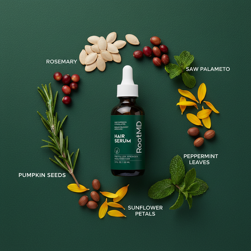 RootMD Hair Serum Flat Lay with Ingredients